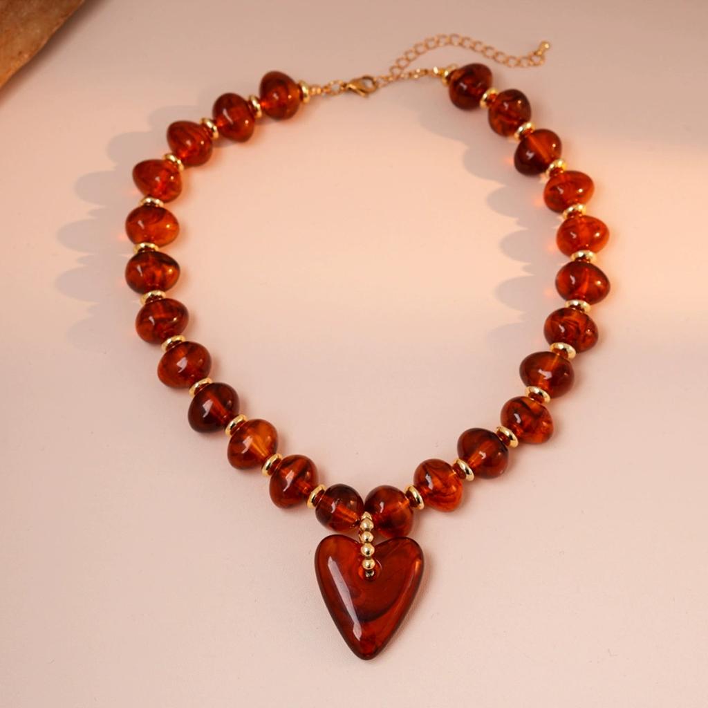 Vintage Amber Resin Heart Acrylic Pendant Earrings Necklace New Handmade Creative Geometric Bracelet Jewelry Set for Women Gifts