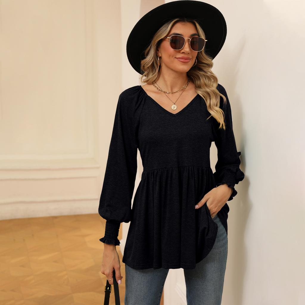 Women's Clothing Spring Autumn Tops V-neck T-shirt for Women Bubble Long Sleeve Elastic Waist Top