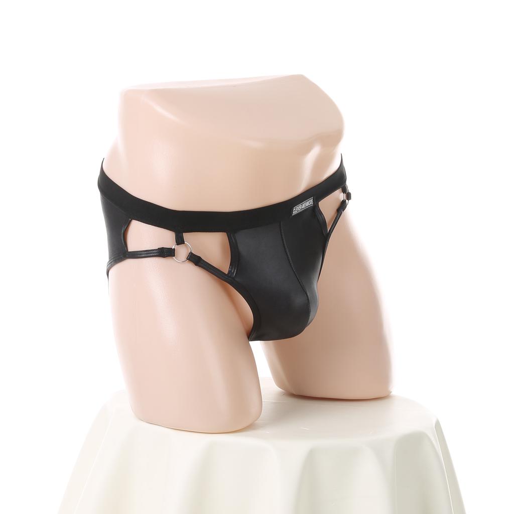 Buttocks Briefs Men Sexy Underwear Man Jockstrap Bulge Pouch PU Faux Leather Anal Underpants Jock Strap Metal Ring Black
