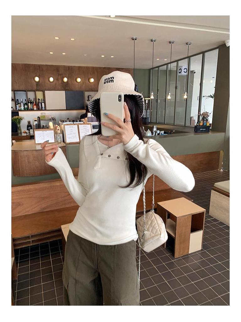 Women's Long-Sleeve Off-Shoulder Button-Up Base Layer Top - Stylish Autumn/Winter 2026 Arrival