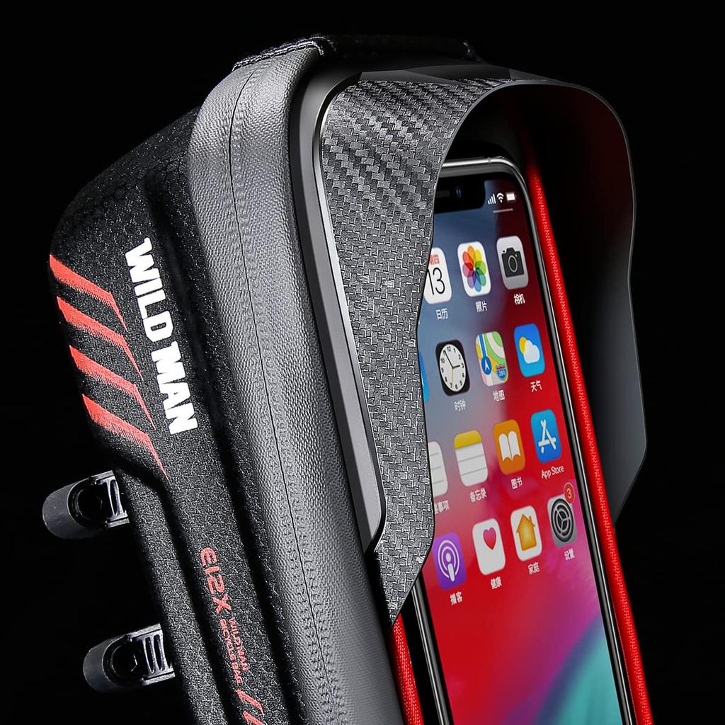 WILD MAN Quick Release Touchscreen Bike Frame Bag, Top Tube Bike Phone Front Frame Bag, Ideal for Mountain, Road, and MTB Cycling (E12X, Red)