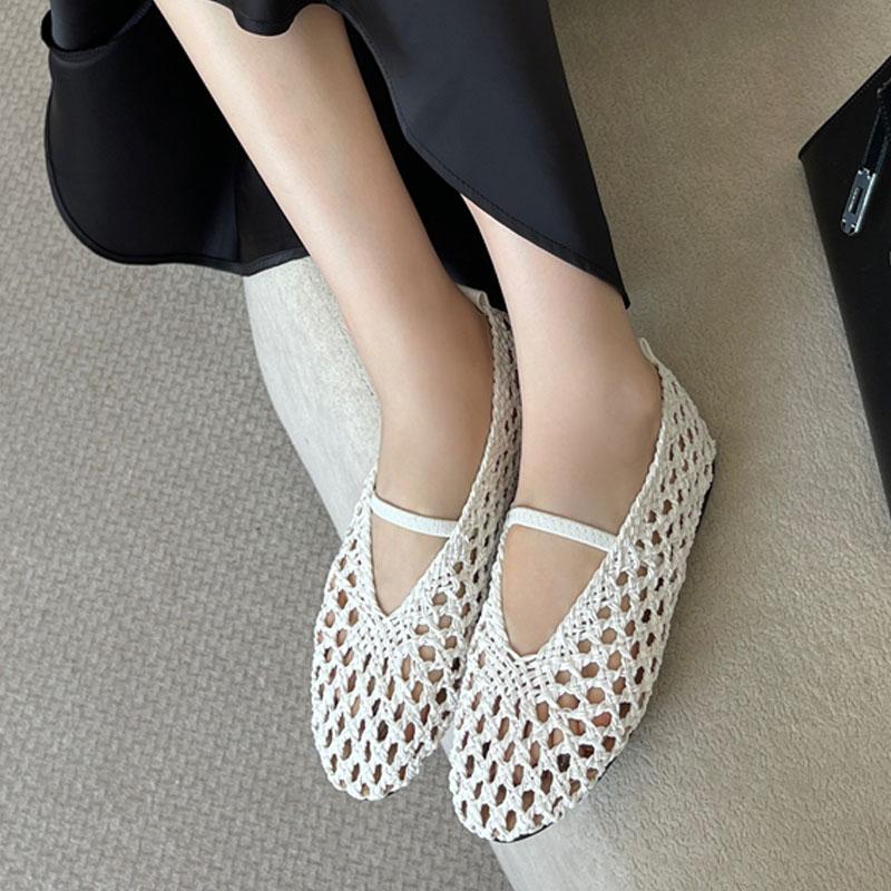 PesstweiFashion Weave Mesh Hollow Women Loafers Round Toe Slip On Female Beach Summer Casual Shoes Flat Sandals