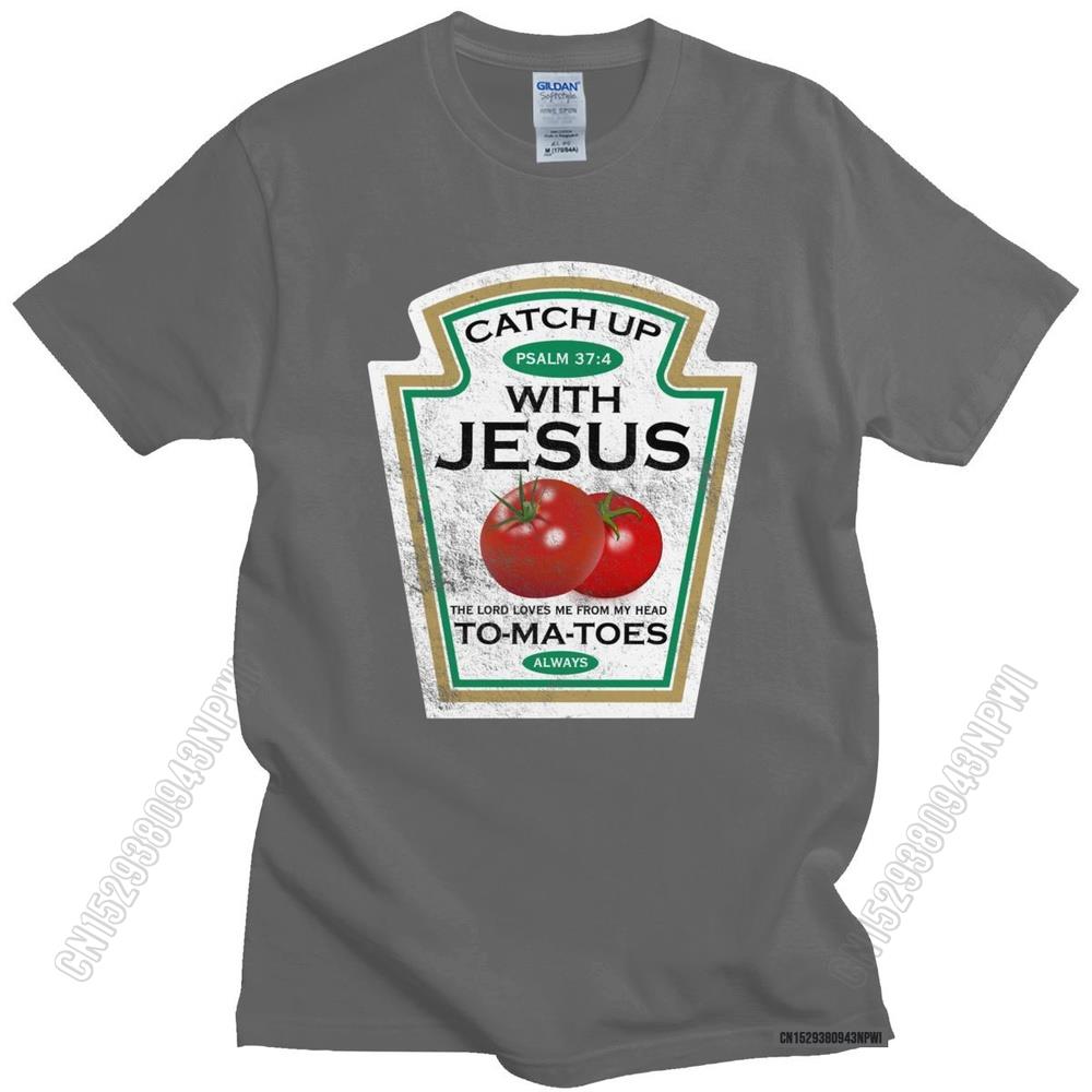 Lustiges Catch Up With Jesus T-Shirt Herren Vintage Vegan Tomaten T-Shirt Christliches Geschenk Veganismus O-Ausschnitt Baumwoll-T-Shirt Merchandise