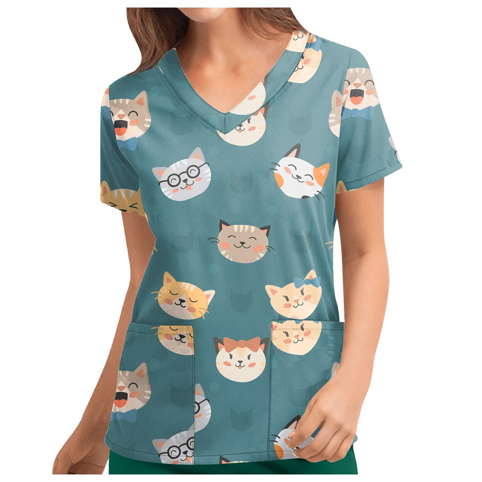 

Женские футболки с персонализированным милым принтом, топ с v-образным вырезом и короткими рукавами, рабочая форма, топы с карманами L синий