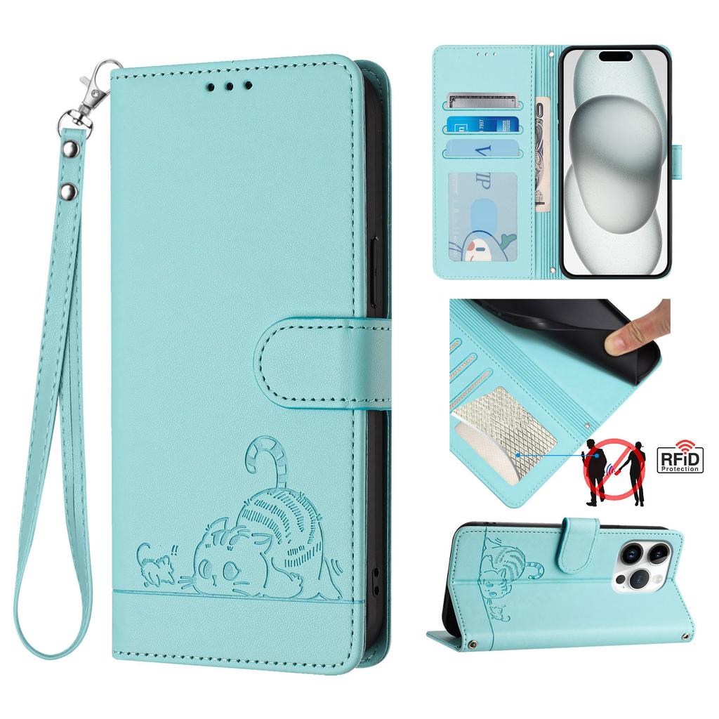 For iPhone 16 Pro Max Case with Strap RFID Blocking Leather Wallet Phone Cover Cat Mouse Pattern