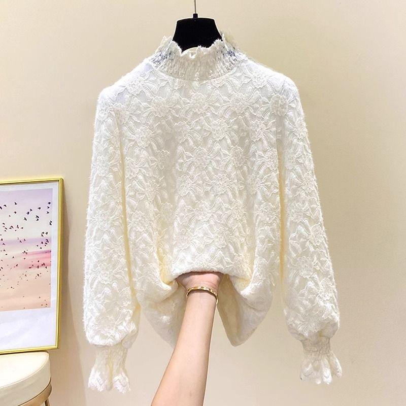 Women's Thick Lace Bottom Half High Neck Patchwork Ruched Long Sleeve Pullover Slim Top
