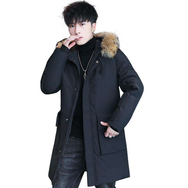 Men's Winter Fur Collar Hooded Mid-Length Casual Cotton Coat
