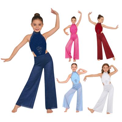 Girls Ballet Lyrical Dance Jumpsuit: Sleeveless Cutout Shiny Rhinestones Bodice Wide-Leg Bodysuit for Latin Jazz Modern Dance Performance