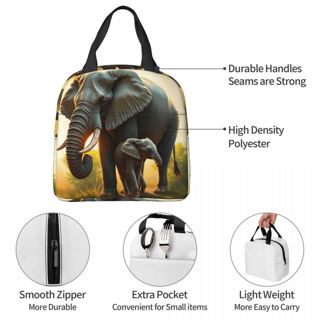 A Majestic Elephant With Her Baby Elephant Insulated Lunch Bag for Women Kids Leakproof Food Boxes Thermal Lunch Box Tote