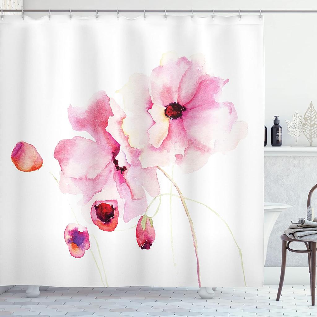 Watercolor flower shower curtain with hooks-soft pink flowers, dreamy spring art, fresh floral bathroom decoration