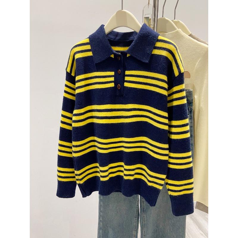 Stylish retro olo lapel collar pullover contrasting color striped knitted sweater women's autumn and winter new casual lazy style top