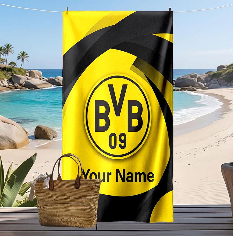 Borussia Dortmund Personalized Printed Beach Towel Soccer Logo Support Custom Name Text Absorbent Towel For Sport Travel Special Gift