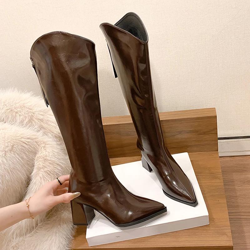 

Модные длинные сапоги на молнии, женские с острым носком, женские высокие сапоги, элегантные туфли на высоком каблуке для вечеринок, зимняя женская обувь 40 коричневый