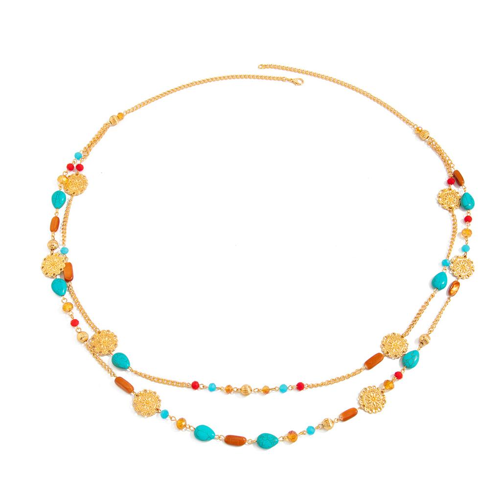 Bohemian Imitation Turquoise Beaded Fringed Long Necklace, Fashionable Ethnic Flower Plate Collarbone Chain