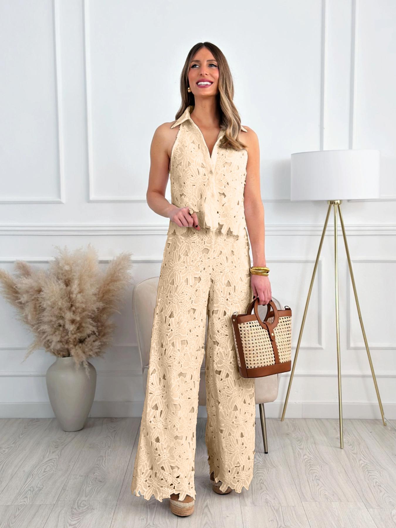 

2025 Summer French Embroidered V-Neck Vest & Wide-Leg Pant Set XXL жовтий