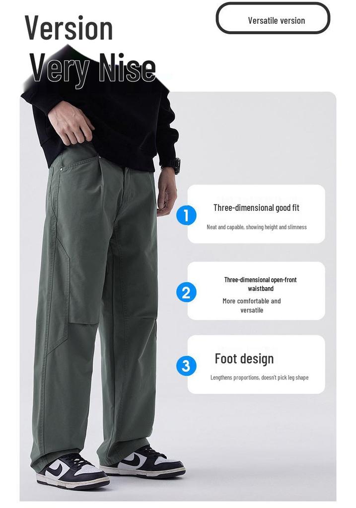 Men's Japanese Style Wide-Leg Casual Pants, Solid Color Straight-Leg, Versatile Cargo.
