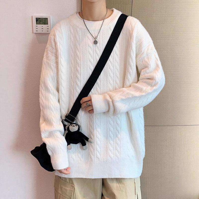 Men's Cable Knit Crew Neck Sweater, Loose Fit, Retro Hong Kong Style, Trendy Casual Knitwear for Autumn and Winter.