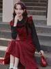 Women's 2026 Spring/Autumn Red Plaid Sweet Age-Reducing Long Dress - Two-Piece Effect