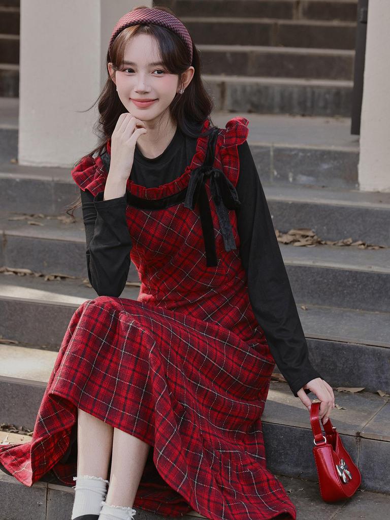 Women's 2026 Spring/Autumn Red Plaid Sweet Age-Reducing Long Dress - Two-Piece Effect