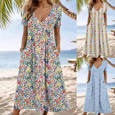 Boho Sommerkleid Damen - V-Ausschnitt Kurzarm Blumenprint Strandurlaub Lockerer Schnitt Atmungsaktiv Maxi