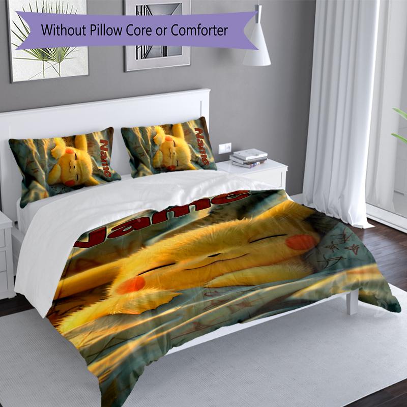 3pcs Custom Name Pokémon Pikachu Bedding Set,Includes 1 Duvet Cover and 2 Pillowcases,All-season Bedroom Decor