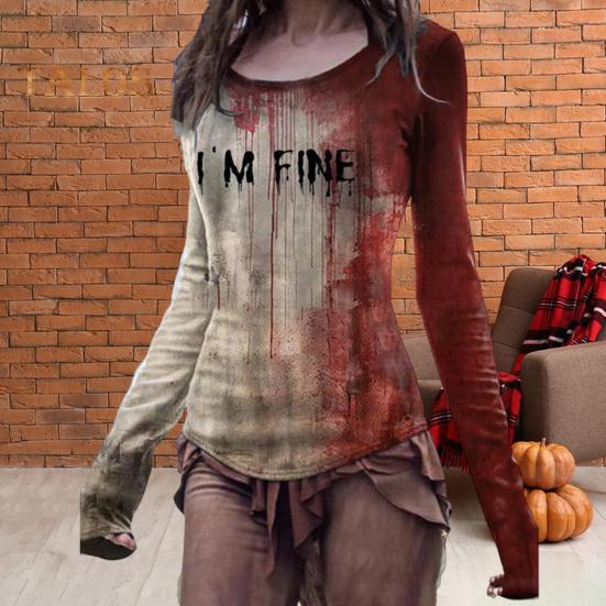 Halloween T-skjorte for kvinner med rund hals og langermet skrekkskjorte Blodtrykt sweatshirt Halloween Lettvekt Slim Fit Sport Topper