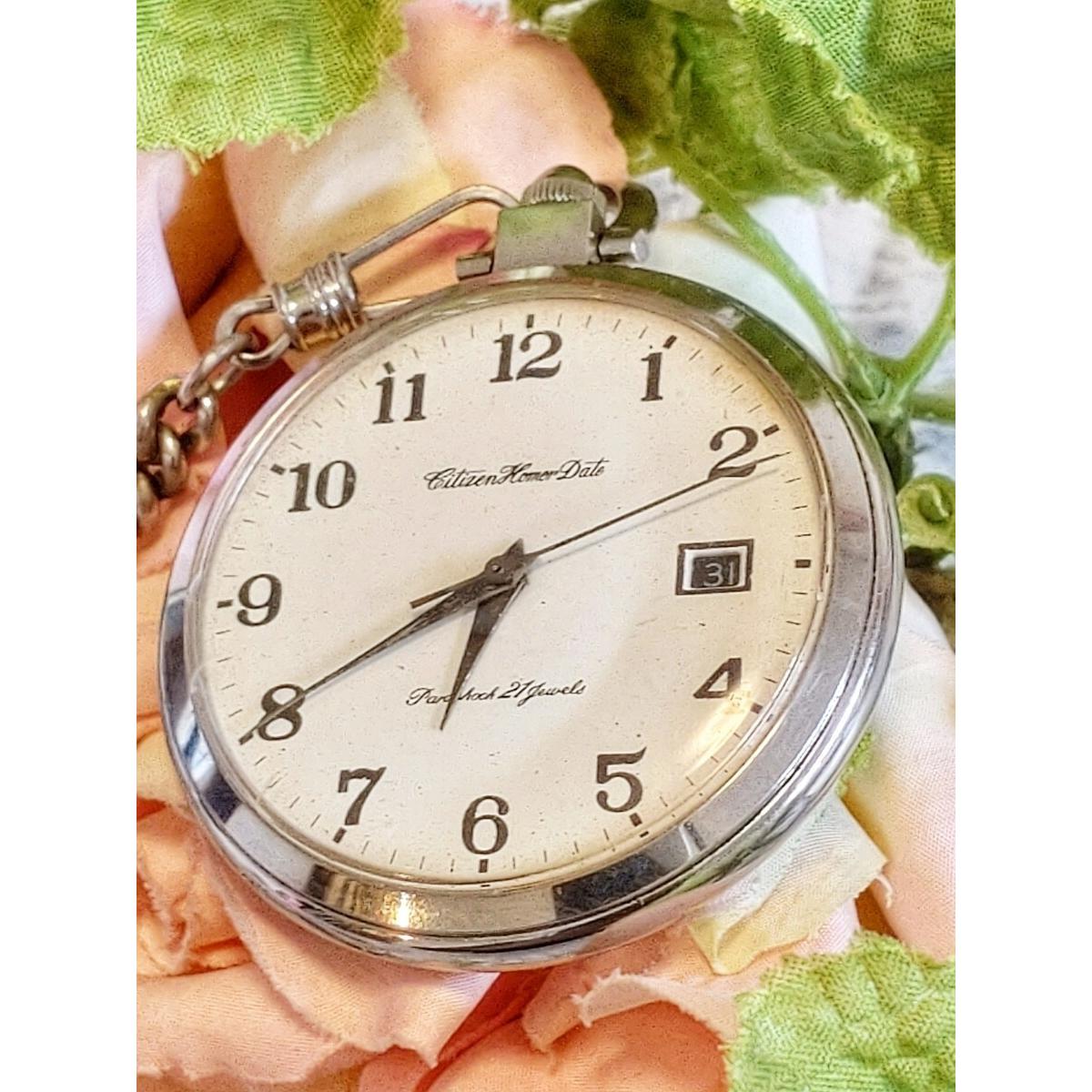 Working CITIZEN Citizen Homer Date Pocket Watch Vintage Silver White Dial Antique Showa Retro Pocket Watch
