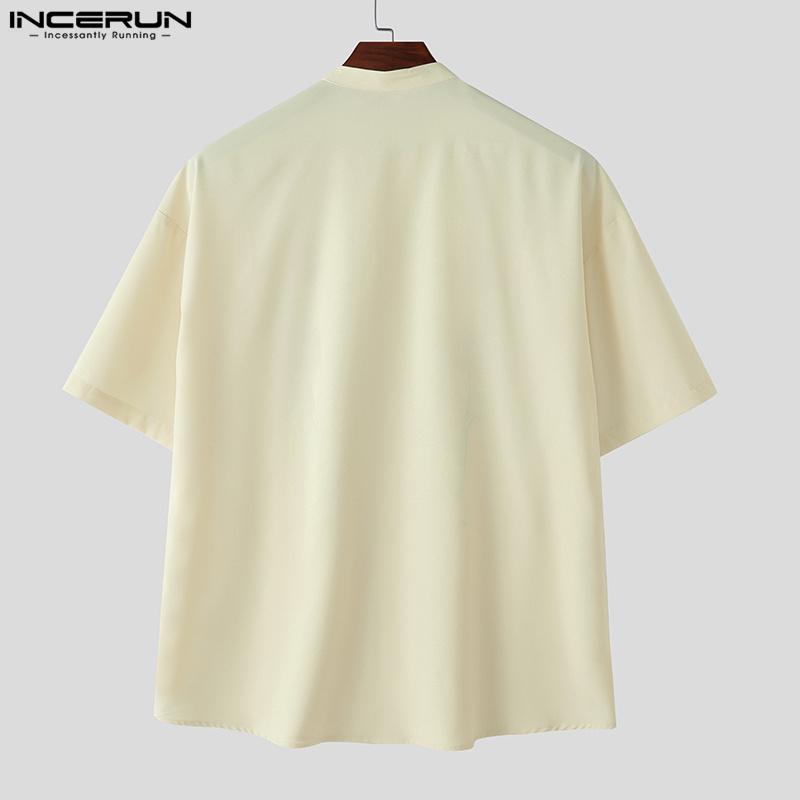 INCERUN Summer Men Collarless Short Sleeve Floral Print Casual Loose Shirts