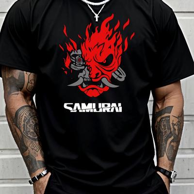 Men Samurai Japanese Warrior Print Black Tee Machine Washable Round Neck Shirt for Cosplay Themed Parties Everyday