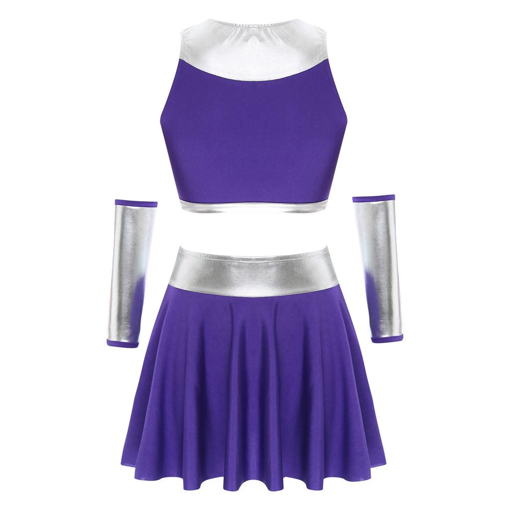 Womens 4Pcs Set Super Women Cosplay Costumes Outfits Crop Tops with Skirts Gloves for Halloween