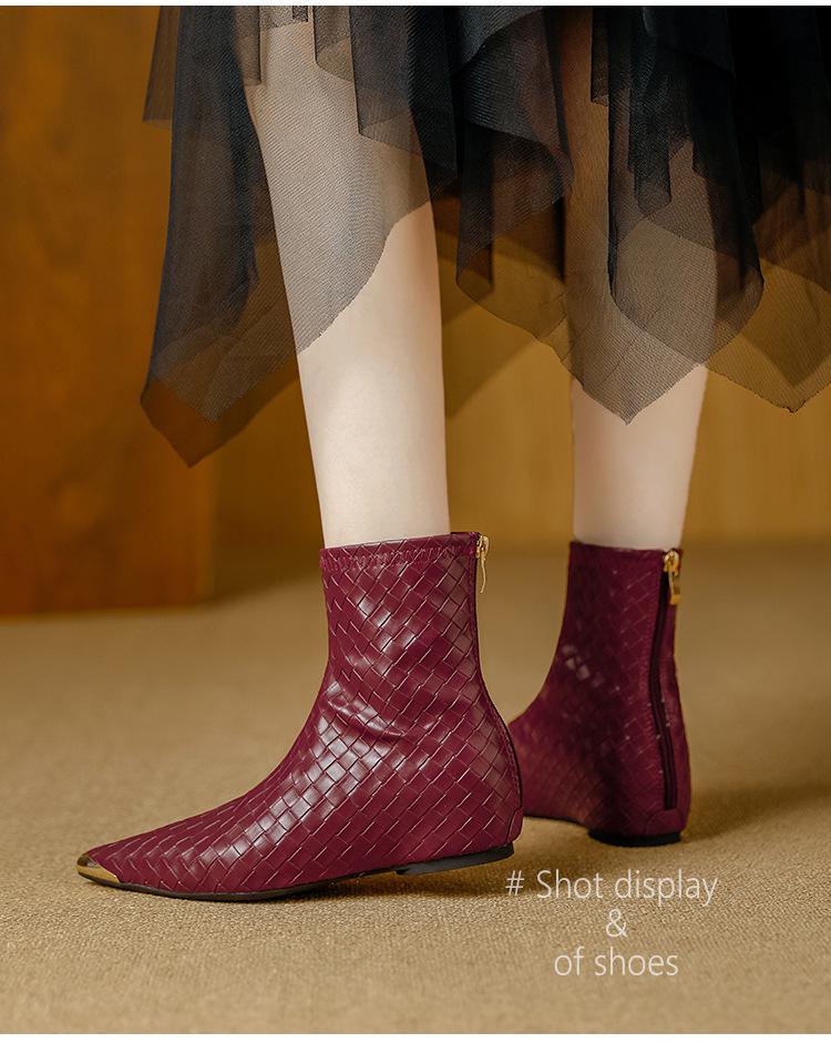 Women's Retro Pointed Toe Ankle Boots - Woven, Slimming Design & Inner Lift for 2025 Autumn/Winter Collection.