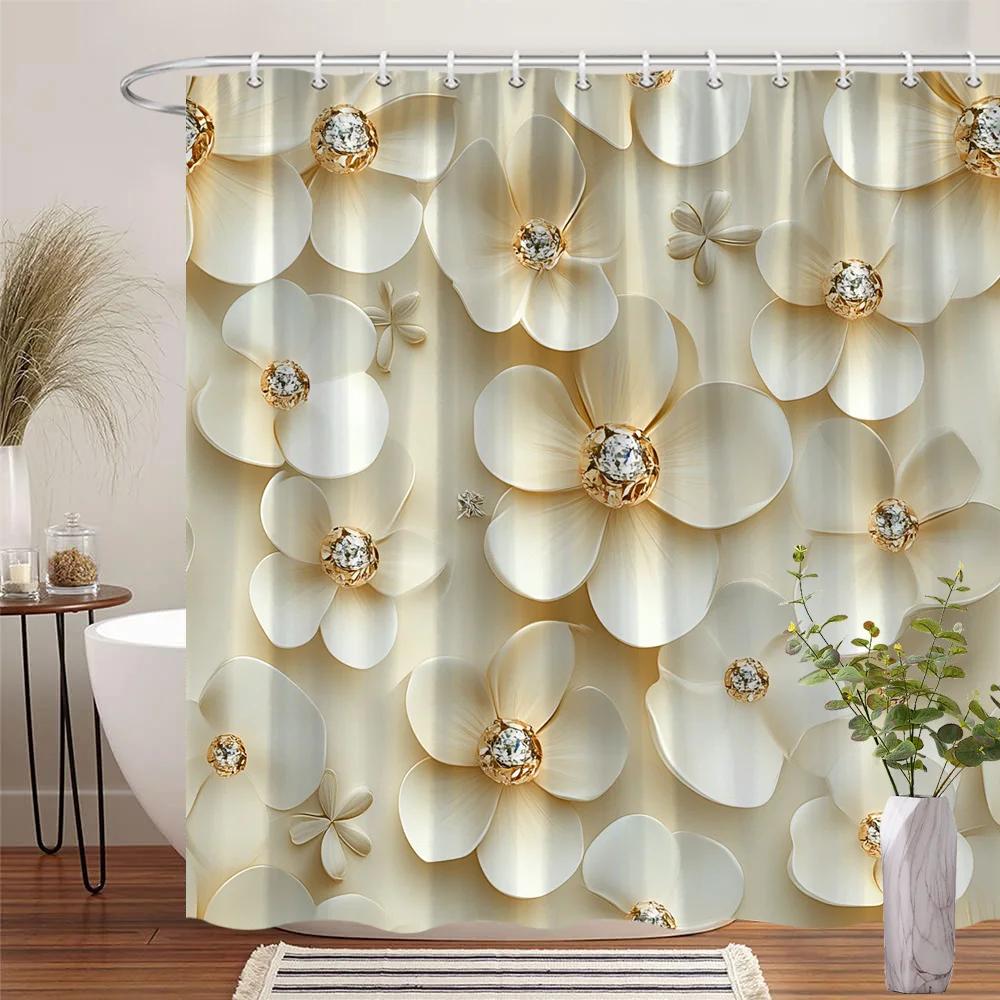 

Floral Gemstone Shower Curtain - Cream & Gold, Sparkling Stones, Beige Back,12 Hooks, Machine Washable, Elegant Bath Decor W60H190(CM)-1 Pcs