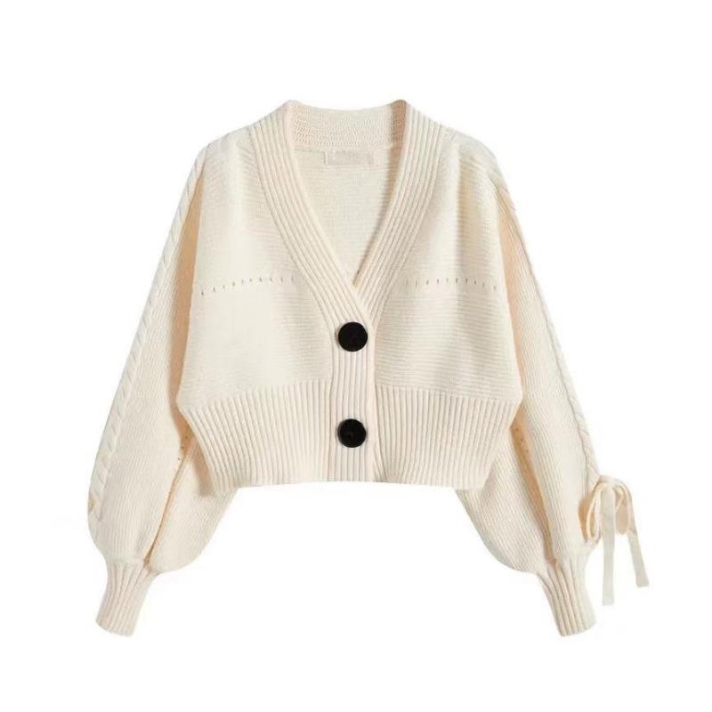 Temperament Thickened and Thin Knitted Cardigan Women's Winter Loose Short High-waisted V-neck Sweater Lantern Sleeve Jacket Top