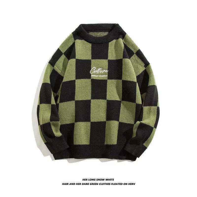 

Green Checkerboard Sweater, Knitted Sweater, Plaid Crew Neck Loose Sweater for Men and Women, Lazy Style In Spring and Autumn, Small Sense of Design 3XL зелений