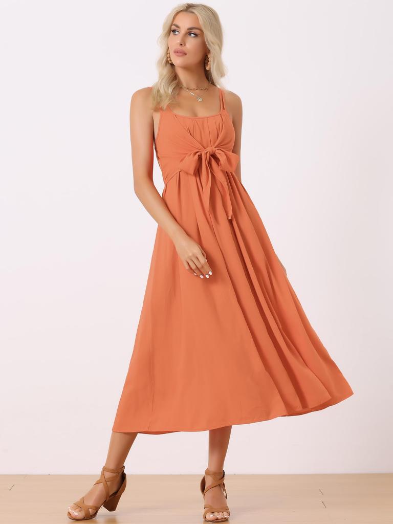 Allegra K Bohemian Sleeveless Spaghetti Strap Maxi Sundress, Wrap Waist, Summer 2024, Women's, Orange, Size L