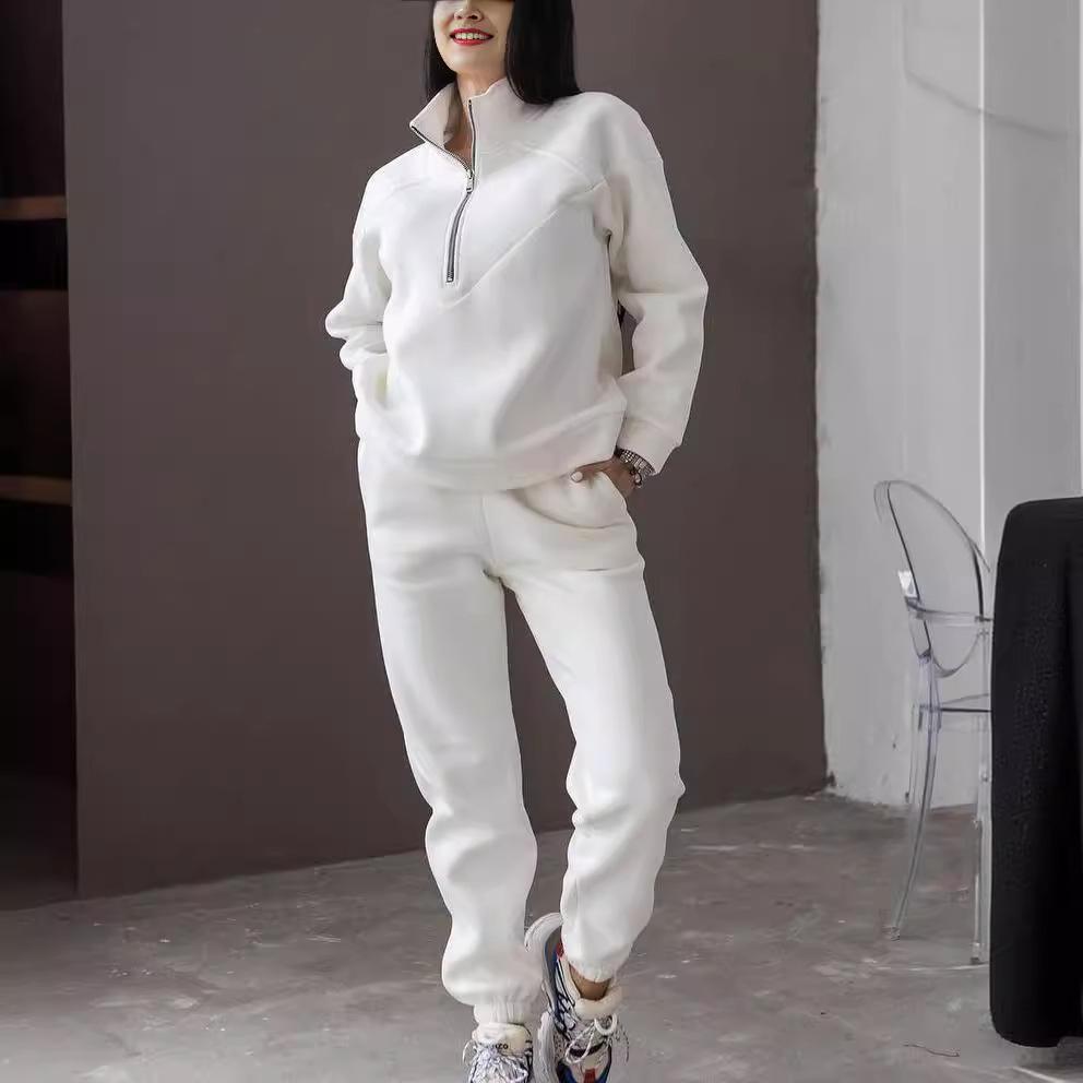 Conjunto Casual de Moletom com Capuz de Duas Peças Primavera/Outono 2024: Fleece de Cor Sólida de Manga Comprida