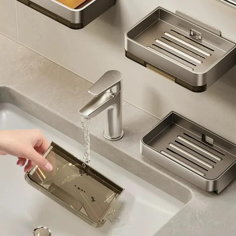 1pc Bathroom Soap Dish No Drill Wall Mounted Soap Holder Aluminum Alloy Sponge Storage Organizer Bathroom Accessories