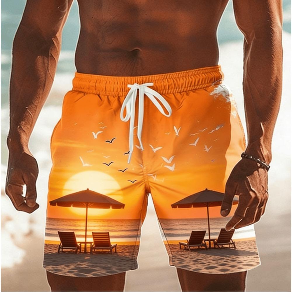 Pantaloncini da Spiaggia Uomo Stampa Tramonto Hawaiano Palma Gabbiano, Casual Primavera Estate Vacanza al Mare Costume da Surf