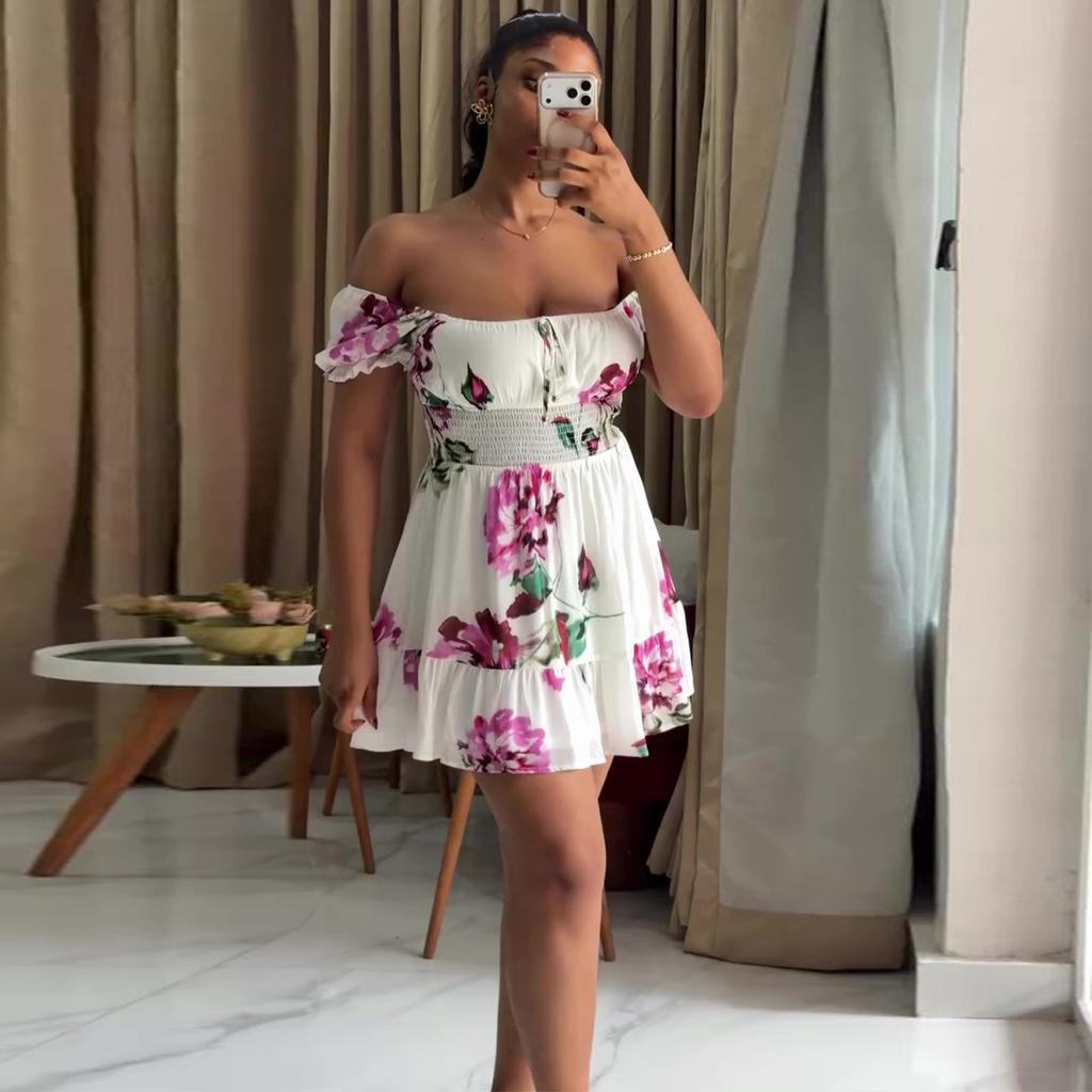 European and American women's clothing summer African new sweet one-word off-the-shoulder printed waist dress