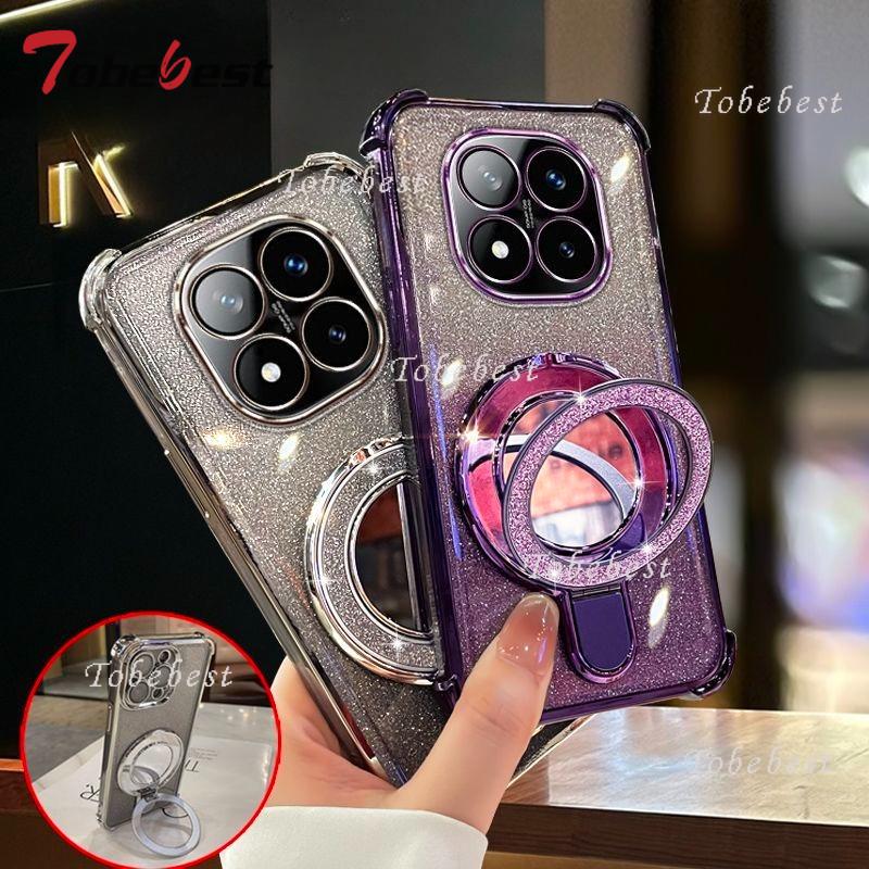 For Xiaomi Redmi Note 14 13 13R 12 11 10 9 9S 8 Pro Plus 4G 5G Case Glitter Plating Mirror Magnetic Phone Holder Bracelet Cover