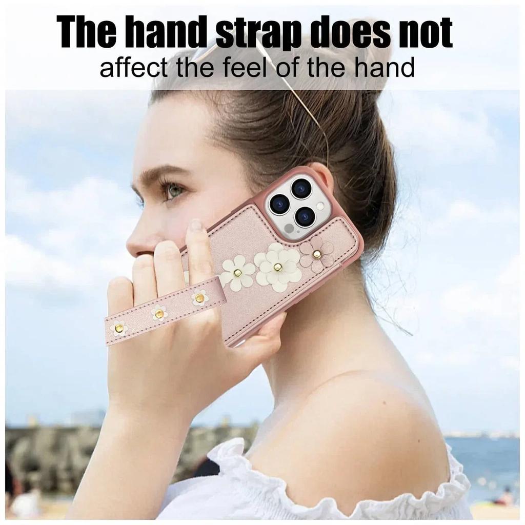 Wallet Case for iPhone 16 15 14 Pro Max Plus, Card Holder Crossbody Purse, Cute Flower Design, Magnetic Kickstand Phone Cover