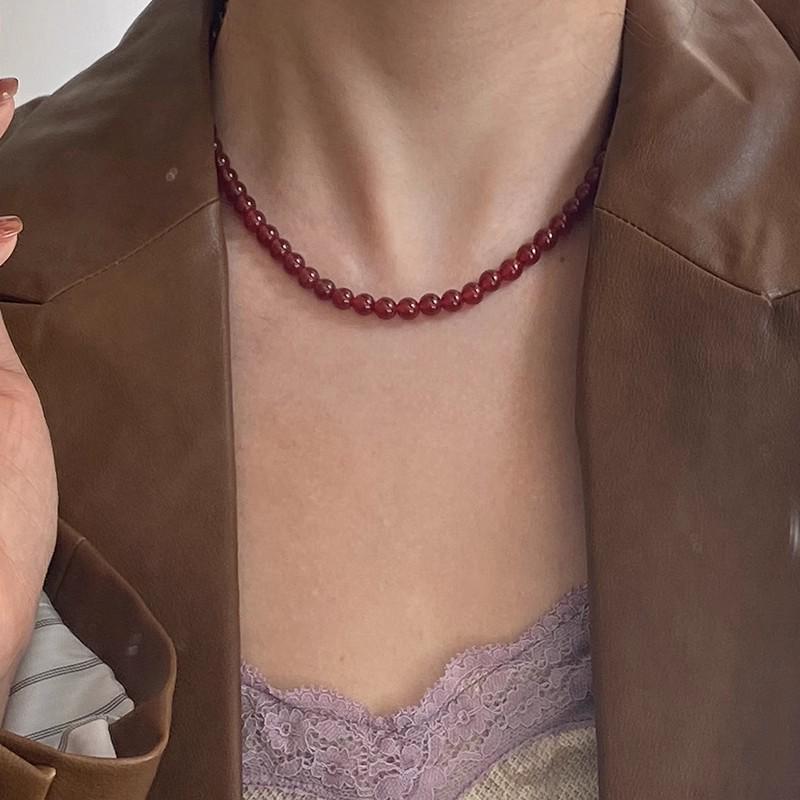 S925 Sterlingsilber Roter Achat Damen Halskette - Chinesisches Neujahr & Weihnachten Perlen Pulloverkette