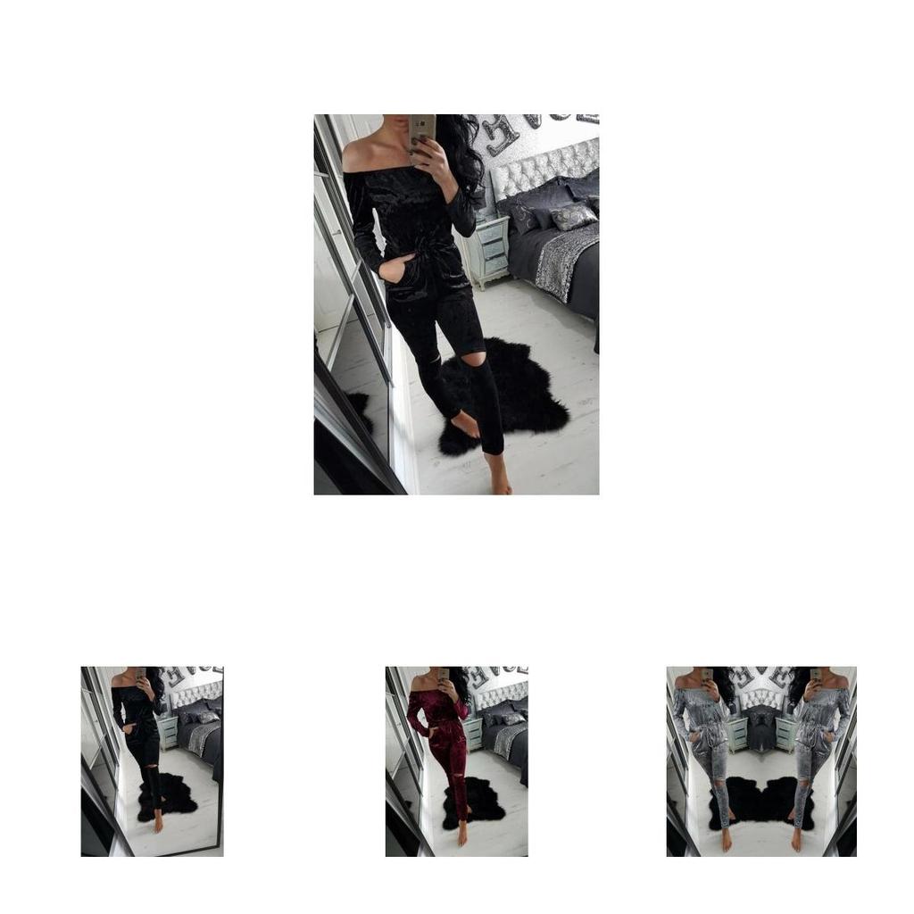 Crushed New Women Velvet Lounge Tracksuit Off Shoulder Slit Knee Jumpsuit Romper