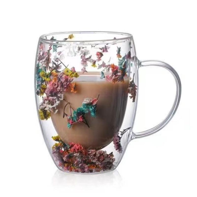 High-value Double-layer Glass Cup with Real Dried Flowers - Heat-resistant with Handle for Tea, Coffee, or Milk.
