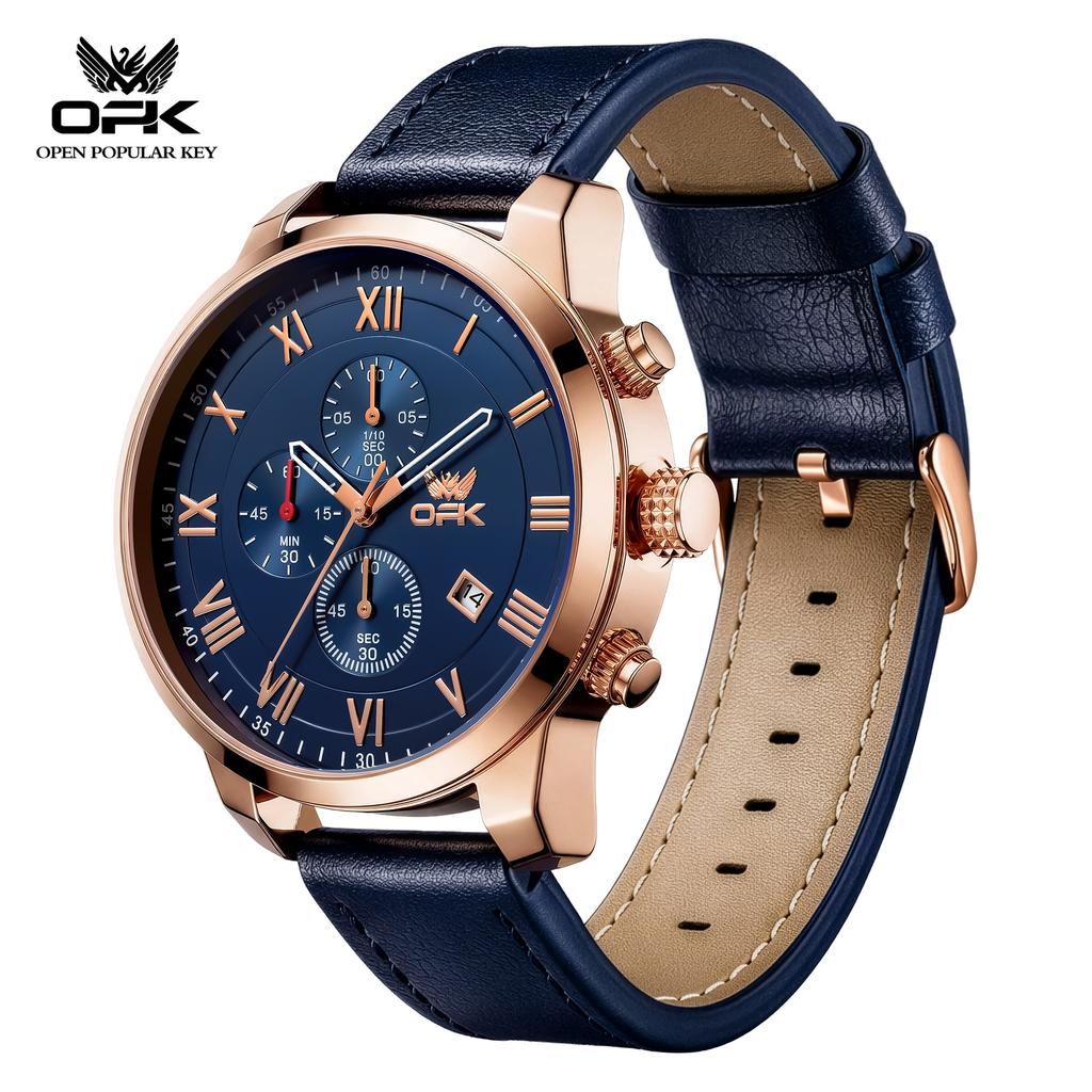 OPK 6099 Original Brand Chronograph Man Watch Leather Strap Auto Date Waterproof Sport Quartz Men's Luxury Wristwatch