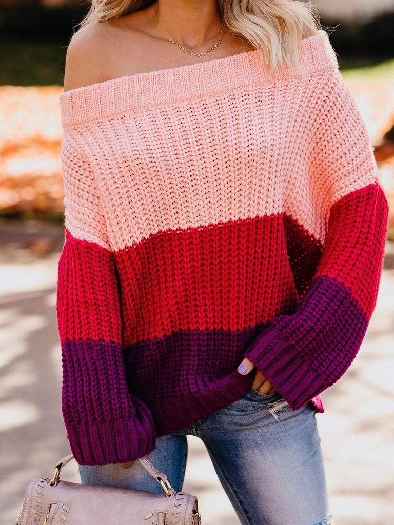 Women's Autumn Winter Knit Set Sweater Loose Patchwork Color One-Shoulder Crewneck Pullover