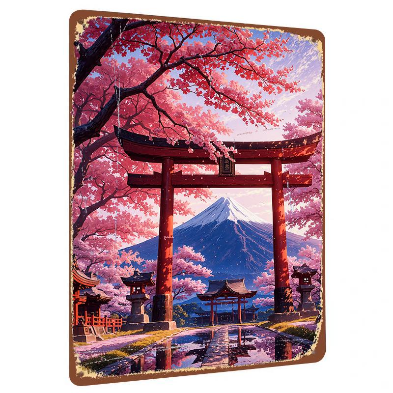 Japanese Fuji Mountain Cherry Blossom Torii Gate Scenery Metal Iron Painting Living Room Wall Art Decor 20x30cm(7.8x11.8inch)