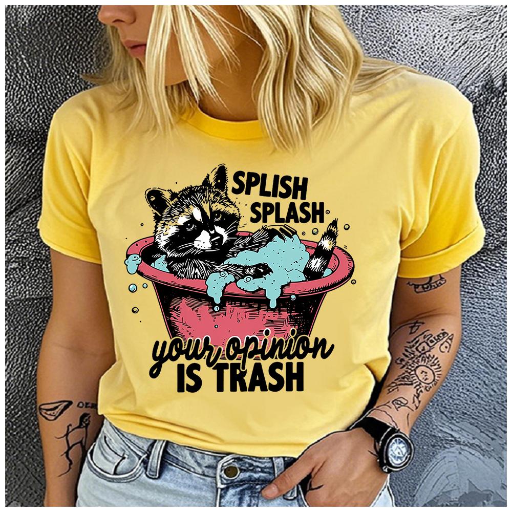 Unisex 100% Polyester Summer Top raccoon is taking a bath in the red bathtub Print Loose round Neck Short Sleeve Fashion for Lovers