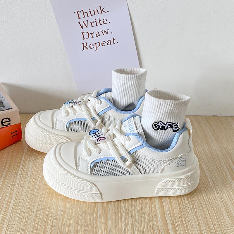 Leather Platform White Shoes Women's 2025 New Mesh Breathable Mesh Shoes Sweet Versatile Student Casual Lightweight Board Shoes