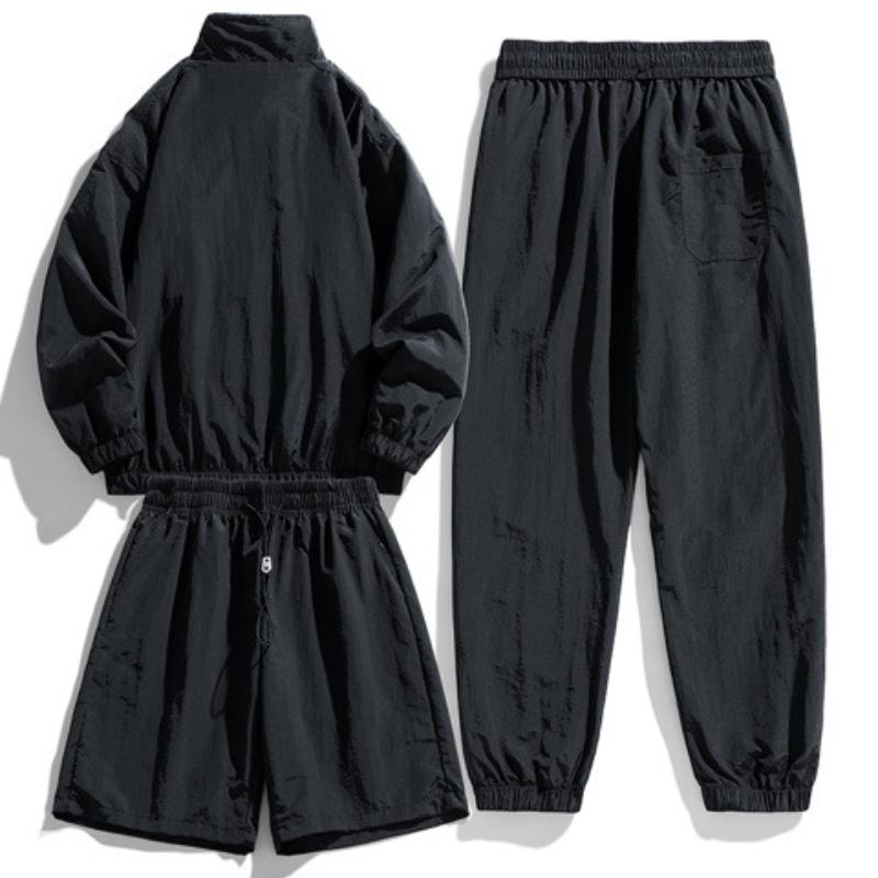 Men's Casual Ice Silk Tracksuit Jacket Shorts And Trousers 3pcs Suit Running Fitness Jacket Suit Male Sportswear Set